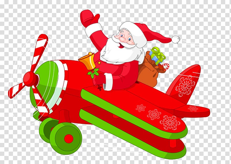 Santa Claus riding biplane illustration, Airplane Santa Claus Christmas , Santa with Airplane transparent background PNG clipart