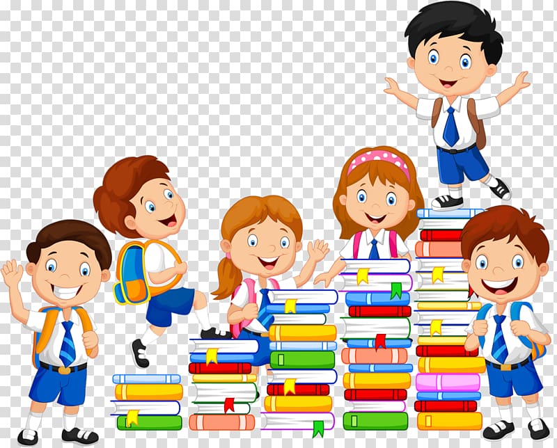 six children with books illustration, Book , school kids transparent background PNG clipart