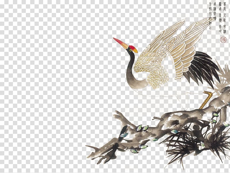 long-beak brown bird on fence, China Chinese painting Qigong Printmaking Traditional Chinese medicine, Red, crowned crane flying ink painting transparent background PNG clipart