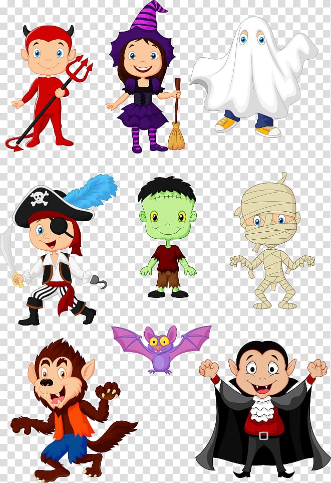 assorted Halloween characters illustration, Halloween Cartoon Model sheet, Halloween cartoon animals transparent background PNG clipart