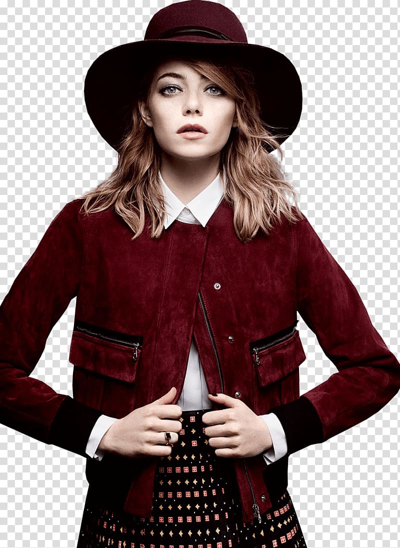woman in red jacket and hat, Emma Stone With Hat transparent background PNG clipart