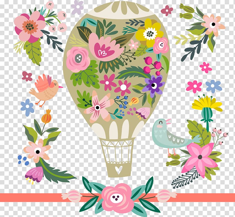 Cartoon Illustration, Flowers and a hot air balloon illustration transparent background PNG clipart