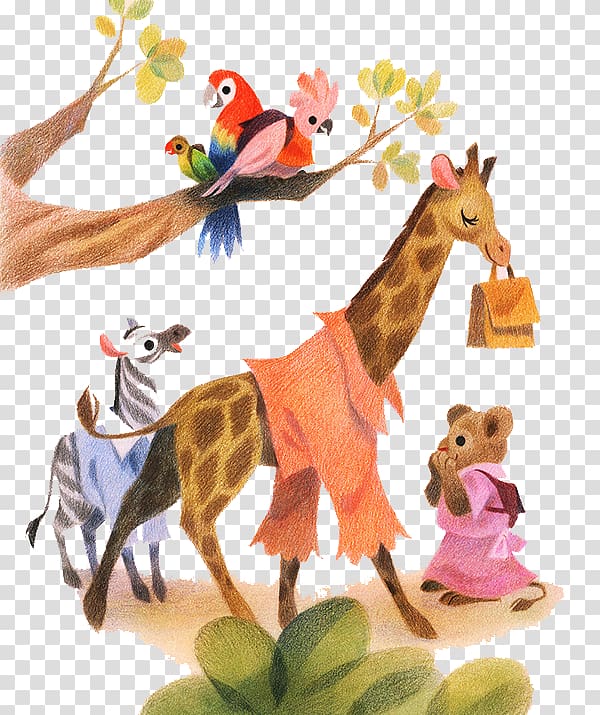 Giraffe Illustrator Drawing Art Illustration, Parrot giraffe zebra mice transparent background PNG clipart