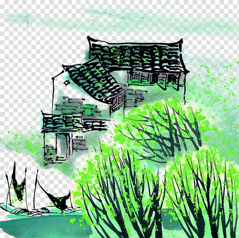 Watercolor painting Ink wash painting, Water Jiangnan Water Village transparent background PNG clipart