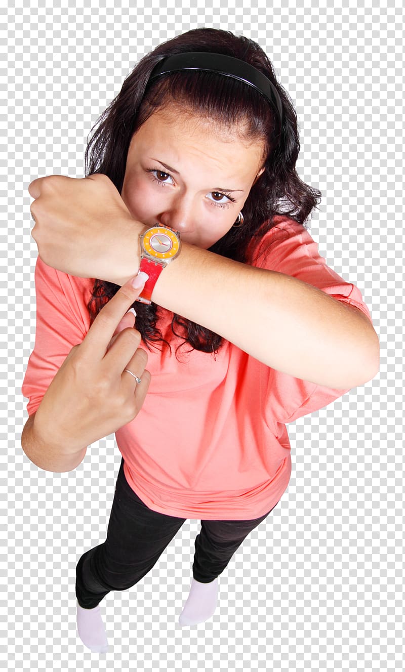 United Kingdom, Happy Young Girl Pointing Finger at Her Watch transparent background PNG clipart