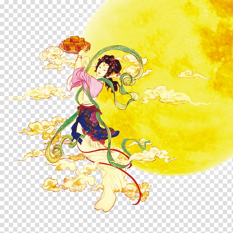 Geisha and moon illustration, Mid-Autumn Festival Chang\'e Mooncake Traditional Chinese holidays Moon rabbit, Chang E transparent background PNG clipart