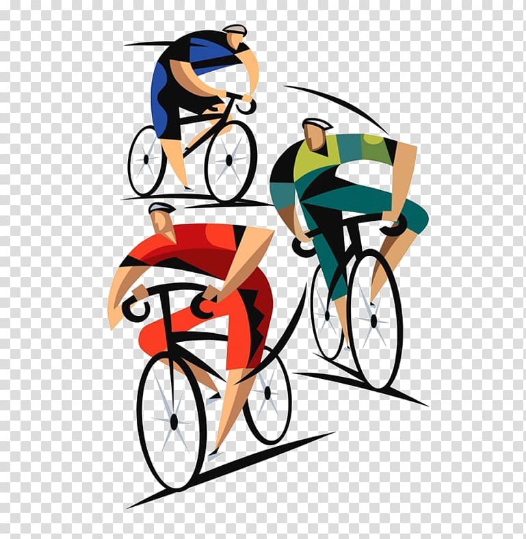 three men riding bikes illustration, Tour de France Giro dItalia Cycling Bicycle Poster, Cartoon bicycle race transparent background PNG clipart