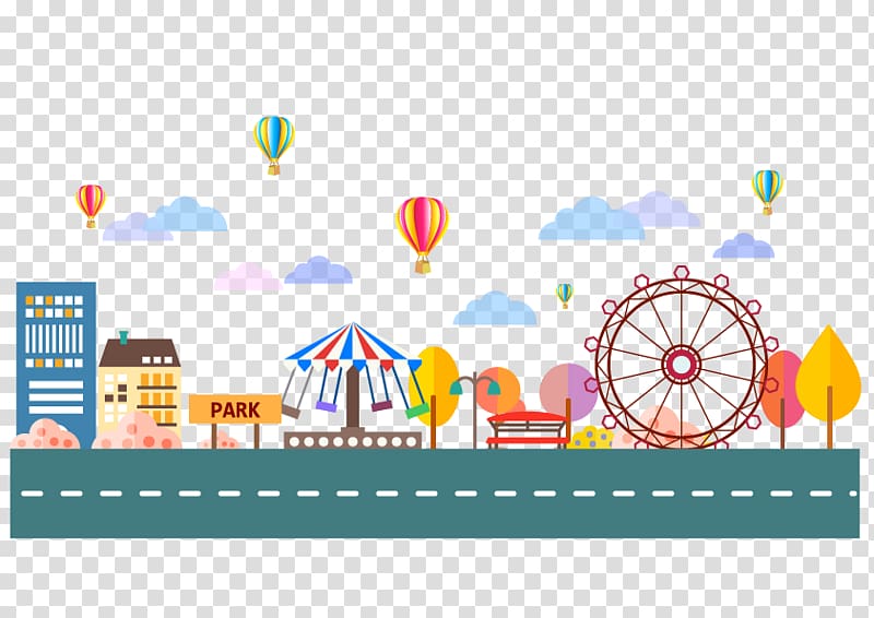 multicolored carnival illustration, Amusement park , Cute cartoon city circus transparent background PNG clipart