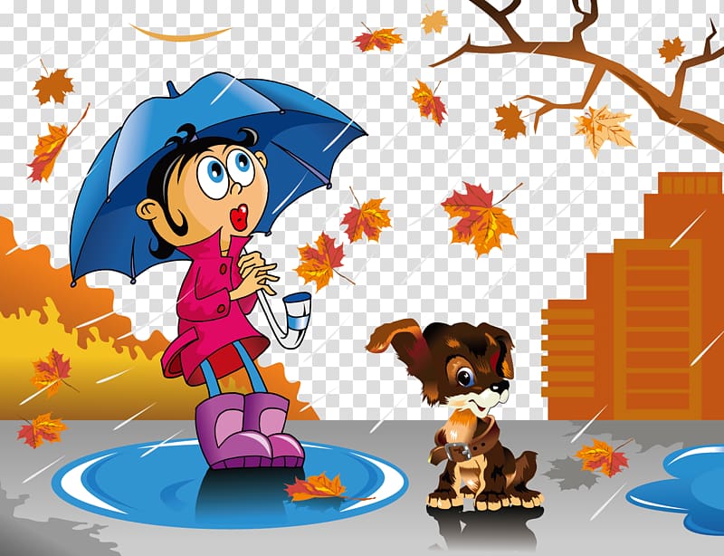 woman under umbrella near dog illustration, Calendar, Rainy weather transparent background PNG clipart