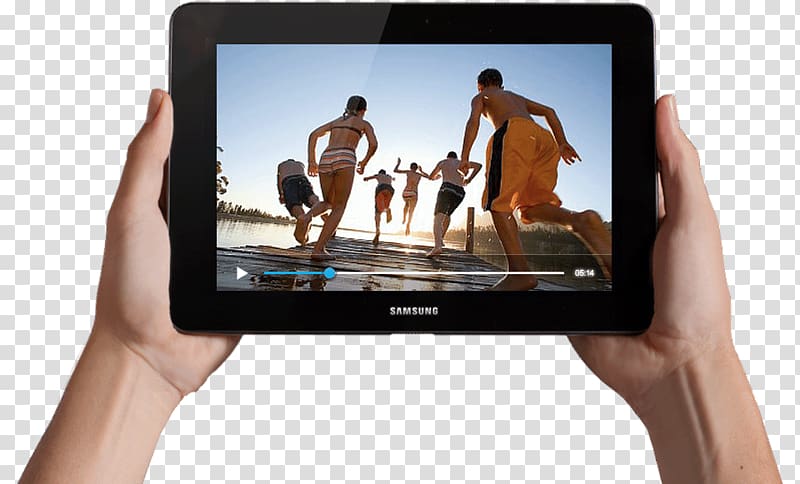 samsung tablet playing video of children running on board, Two Hands Holding Samsung Tablet transparent background PNG clipart