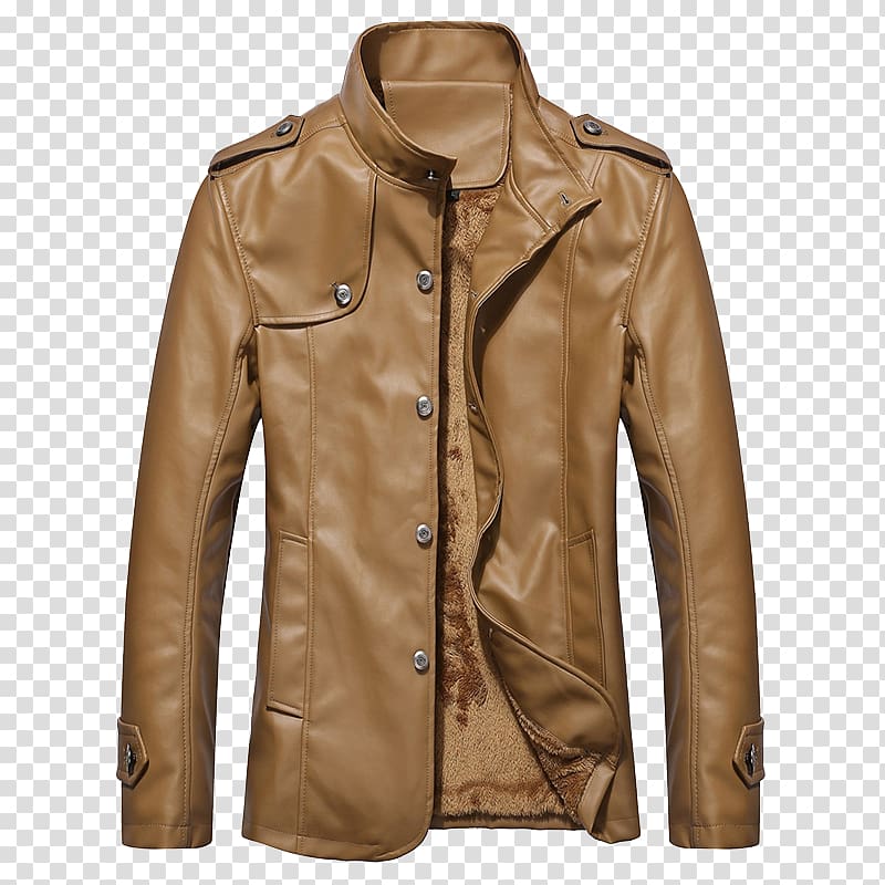Leather jacket Coat Collar, Yellow brown leather jacket transparent background PNG clipart