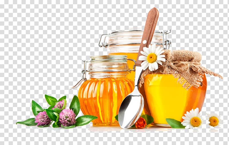 three glass jars illustration, Honeycomb Bee , Yellow packaging bottles of honey box background transparent background PNG clipart