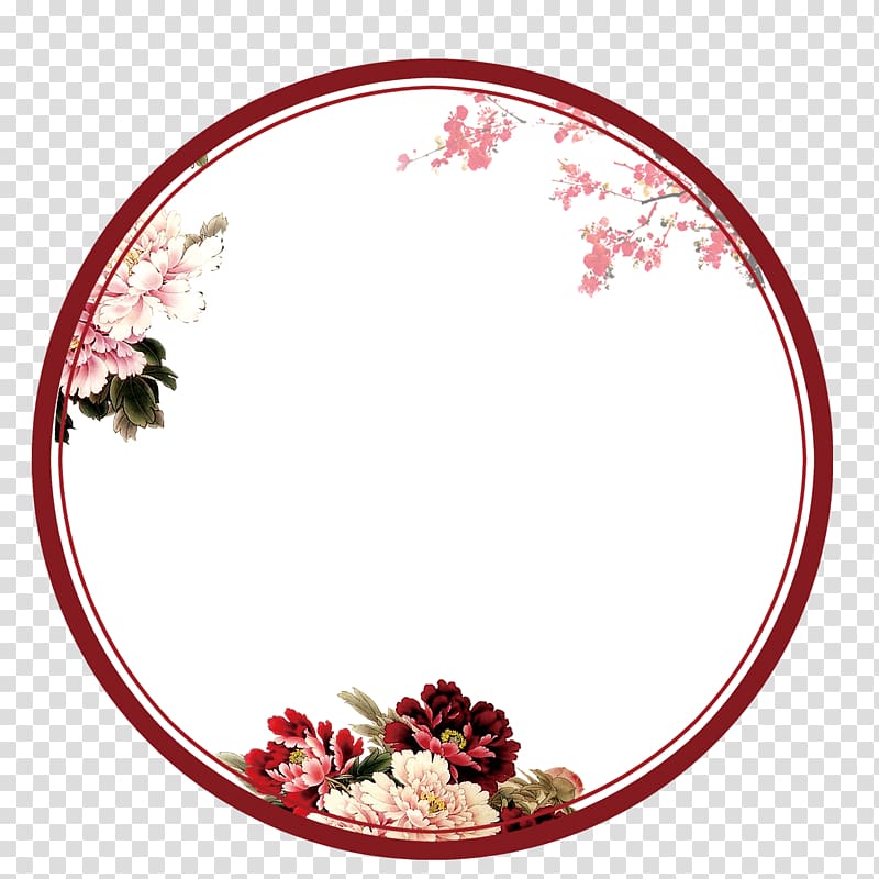 red flowers illustration, Chinoiserie, Circular border transparent background PNG clipart