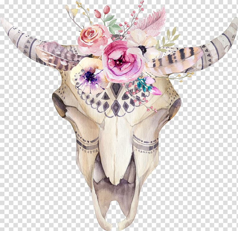 gray and pink horned animal skull with flowers art, T-shirt Skull Watercolor painting Flower, Abstract creative watercolor taou transparent background PNG clipart