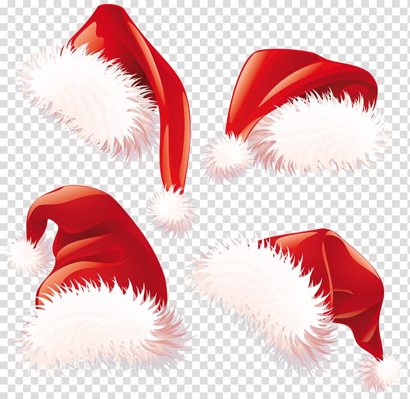 four red-and-white santa hats illustration, Santa Claus Christmas Hat , Christmas Santa Hats transparent background PNG clipart