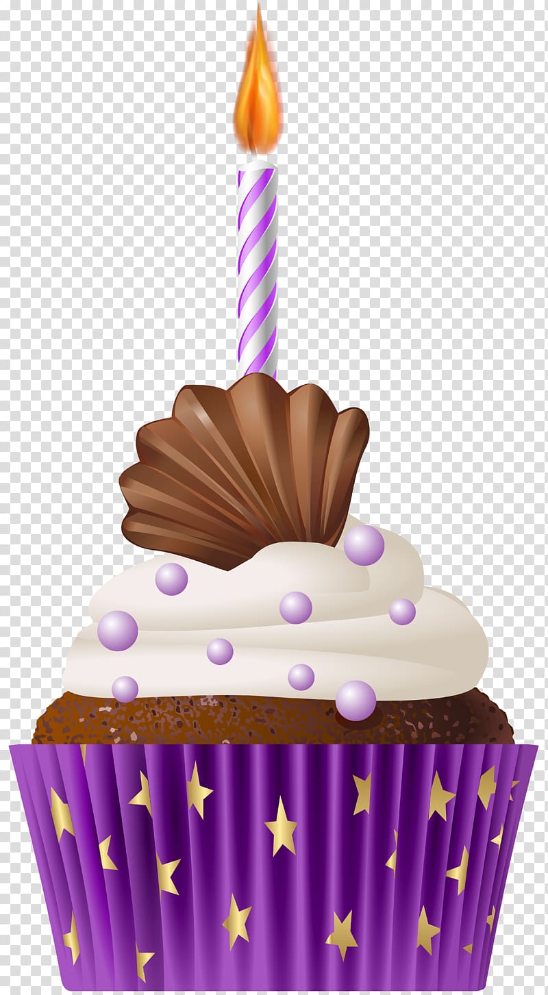 cupcake illustration, Cupcake Birthday cake Muffin, Birthday Muffin Purple with Candle transparent background PNG clipart