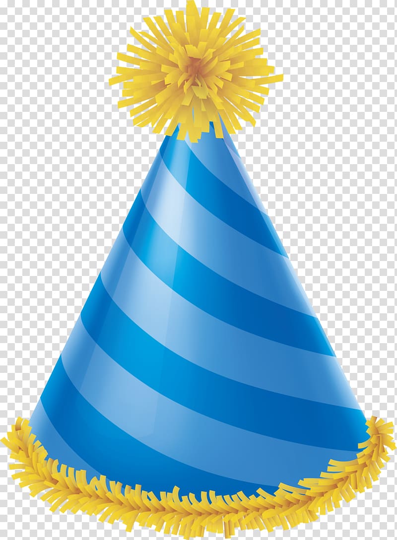 blue and yellow party cone hat , Party hat Blue Birthday, Blue stripe birthday transparent background PNG clipart