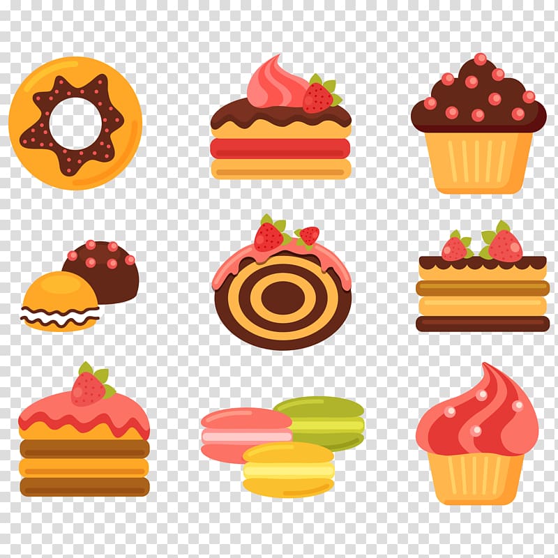 doughnut, cupcake, slice of cake collage illustration, Bakery Cupcake Doughnut Pastry, Cartoon delicious bread pastries material transparent background PNG clipart