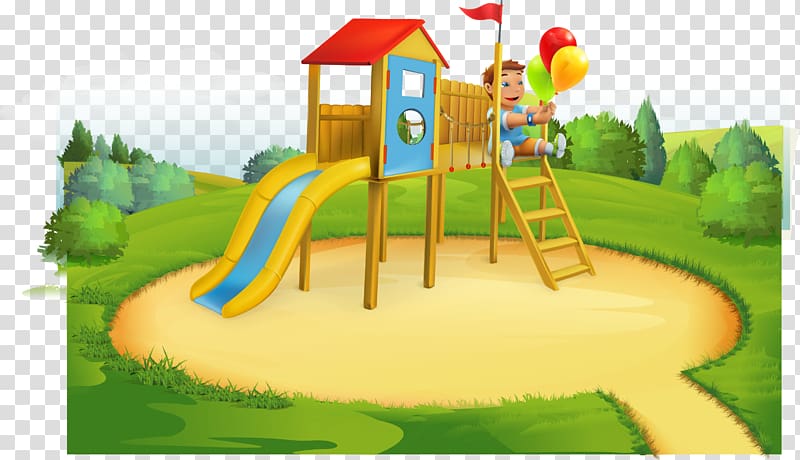 boy holding balloons playing on brown and red outdoor playset illustration, Amusement park, Children\'s cartoon skateboard park transparent background PNG clipart