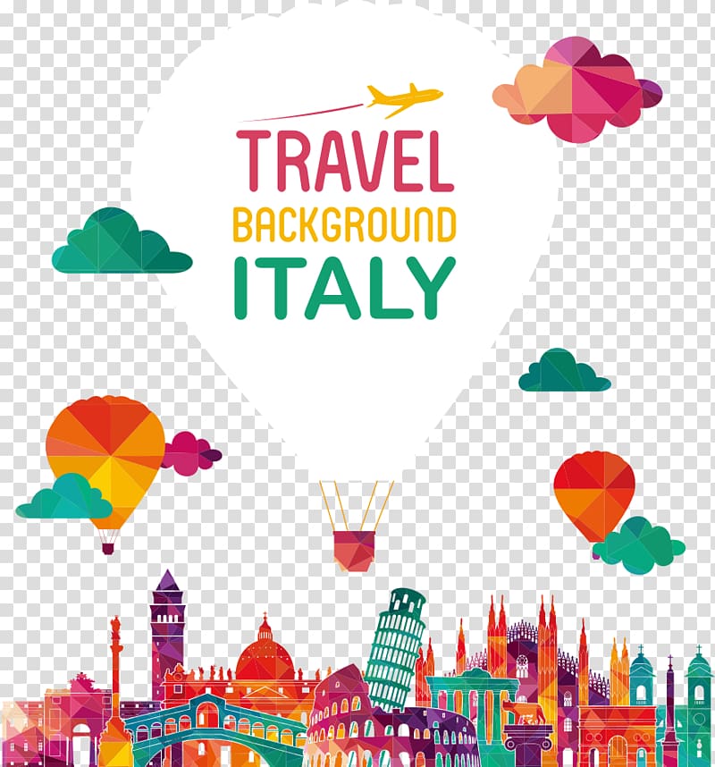 travel background Italy , Italy Skyline Illustration, origami hot air balloon and monuments transparent background PNG clipart