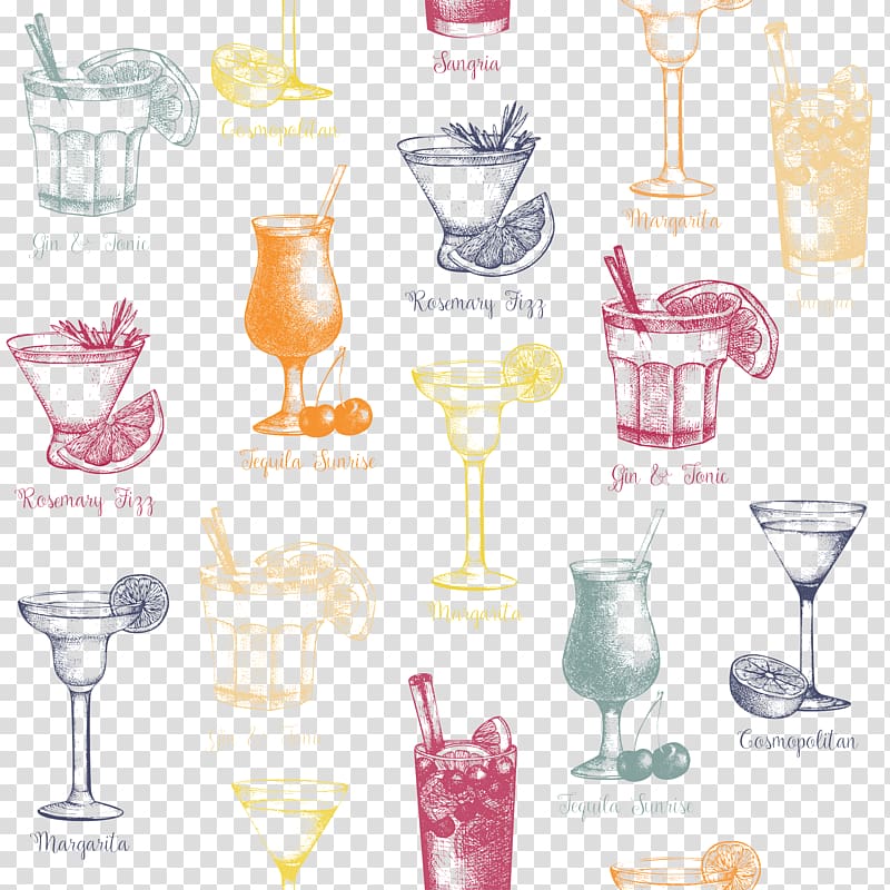 assorted drinking glass illustration, Cocktail Cosmopolitan Martini Drink Alcoholic beverage, Beautifully hand-painted cups drinks material transparent background PNG clipart