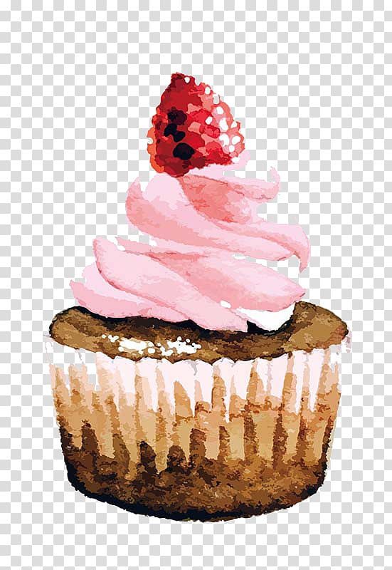 cupcake with strawberry toppings illustration, Cupcake Strawberry cream cake Birthday cake Watercolor painting, Drawing strawberry cream cake transparent background PNG clipart