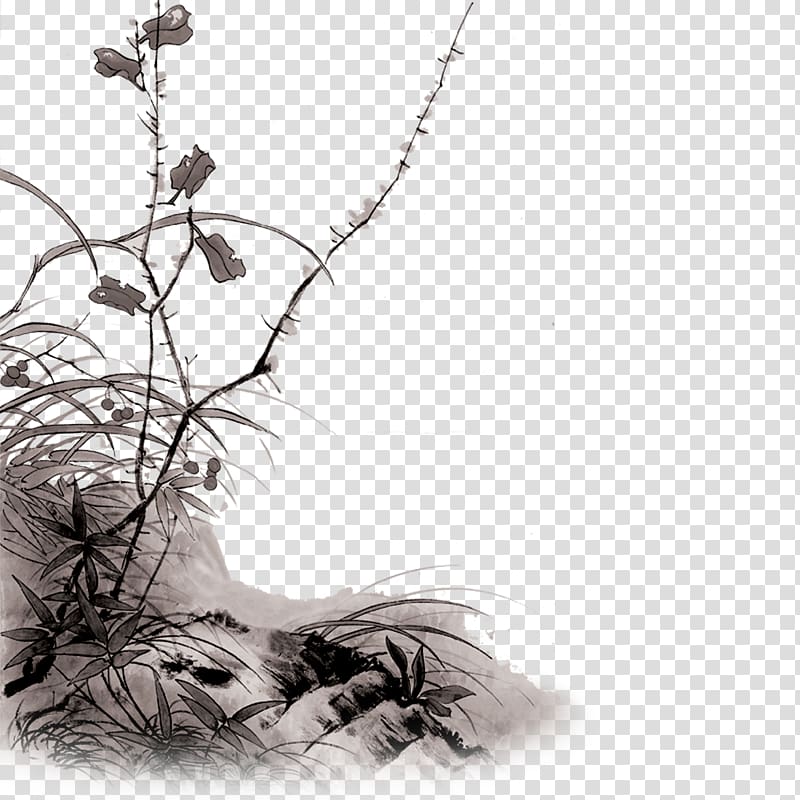 Chinese painting Ink wash painting, Hillside grass transparent background PNG clipart
