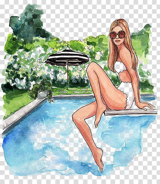 woman sitting on diving board on top of pool painting, Drawing Fashion illustration Art Illustration, Woman by the pool transparent background PNG clipart