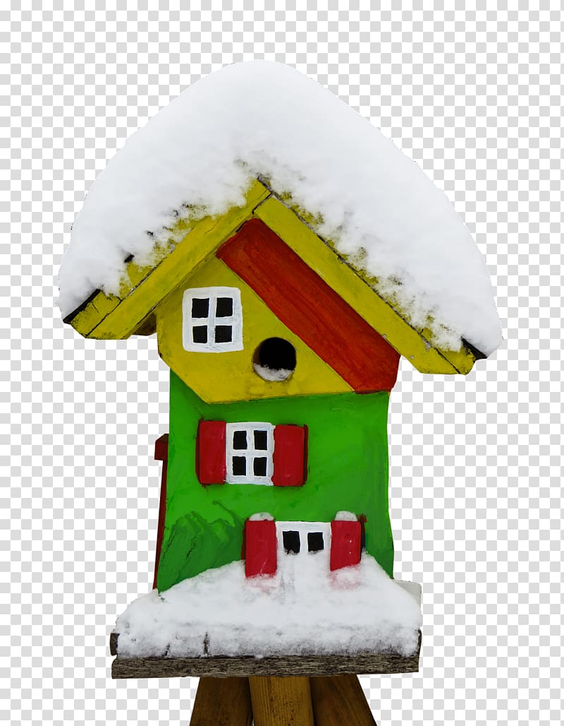 green, red, and yellow wooden birdhouse, Winter Bird Feeder transparent background PNG clipart