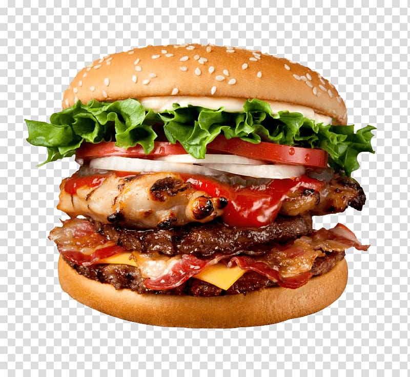 burger with patty, bacon, tomato, cheese and ham, Food Big Burger transparent background PNG clipart