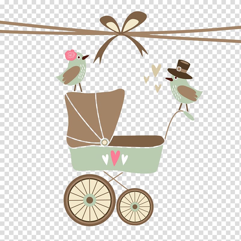 two birds perched on pram, Wedding invitation Baby shower Postcard Greeting card Bridal shower, Baby background bird car transparent background PNG clipart