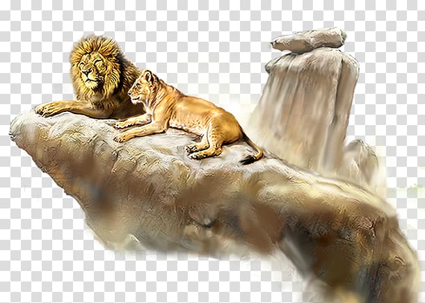 lion and lioness on cliff painting, Lion Tiger, lion transparent background PNG clipart