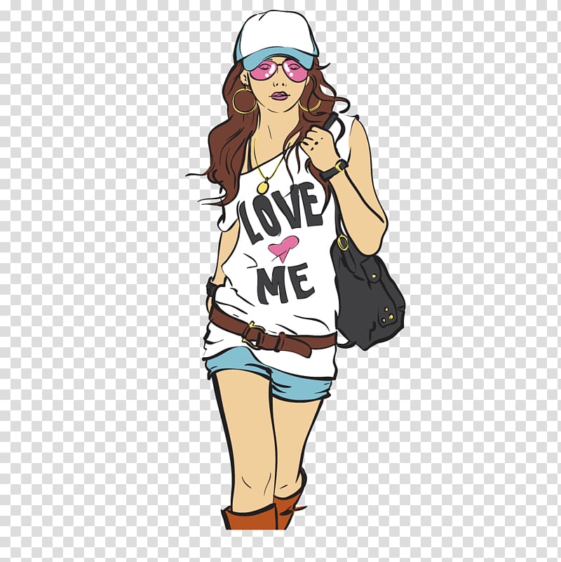 woman with bag art, Fashion Girl Illustration, Fashion girl wearing a hat transparent background PNG clipart