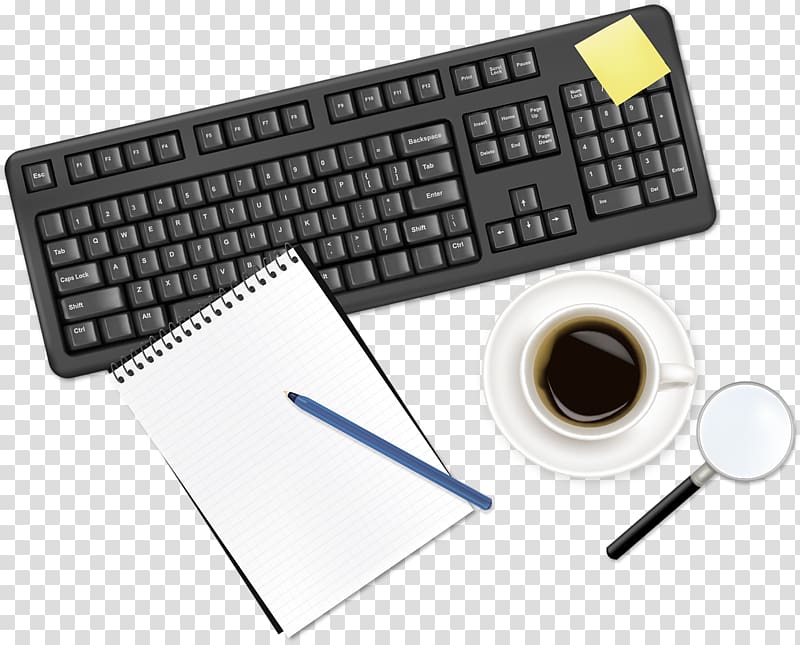 Office Euclidean Icon, Black coffee and notebook keyboard transparent background PNG clipart