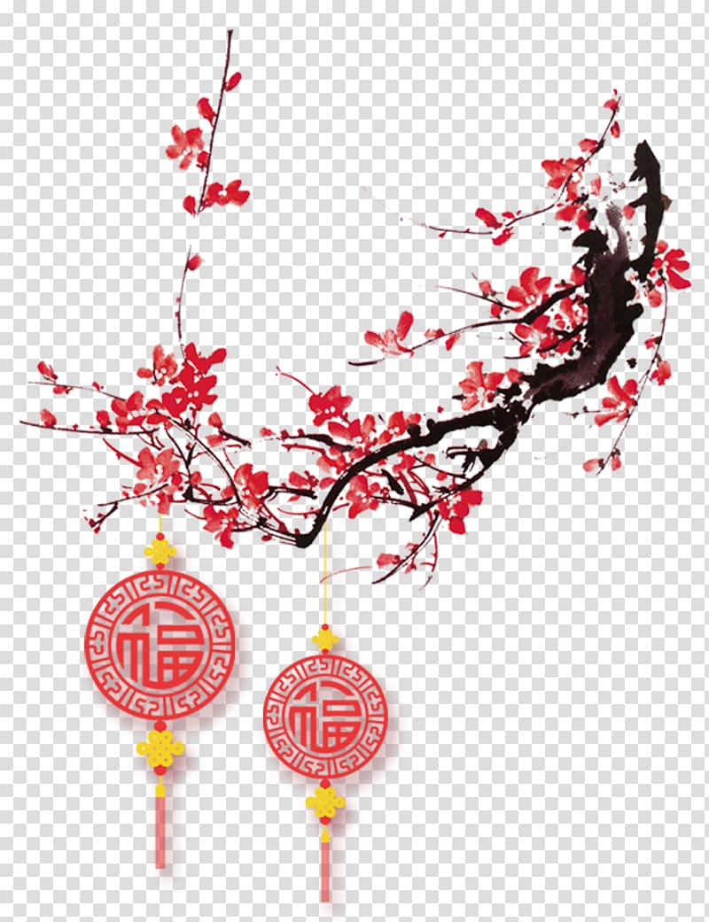 Plum blossom Chinese New Year, Plum paper-cut lanterns transparent background PNG clipart