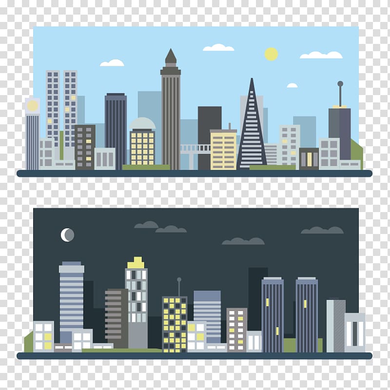 The Architecture of the City Illustration, Day and night city material transparent background PNG clipart