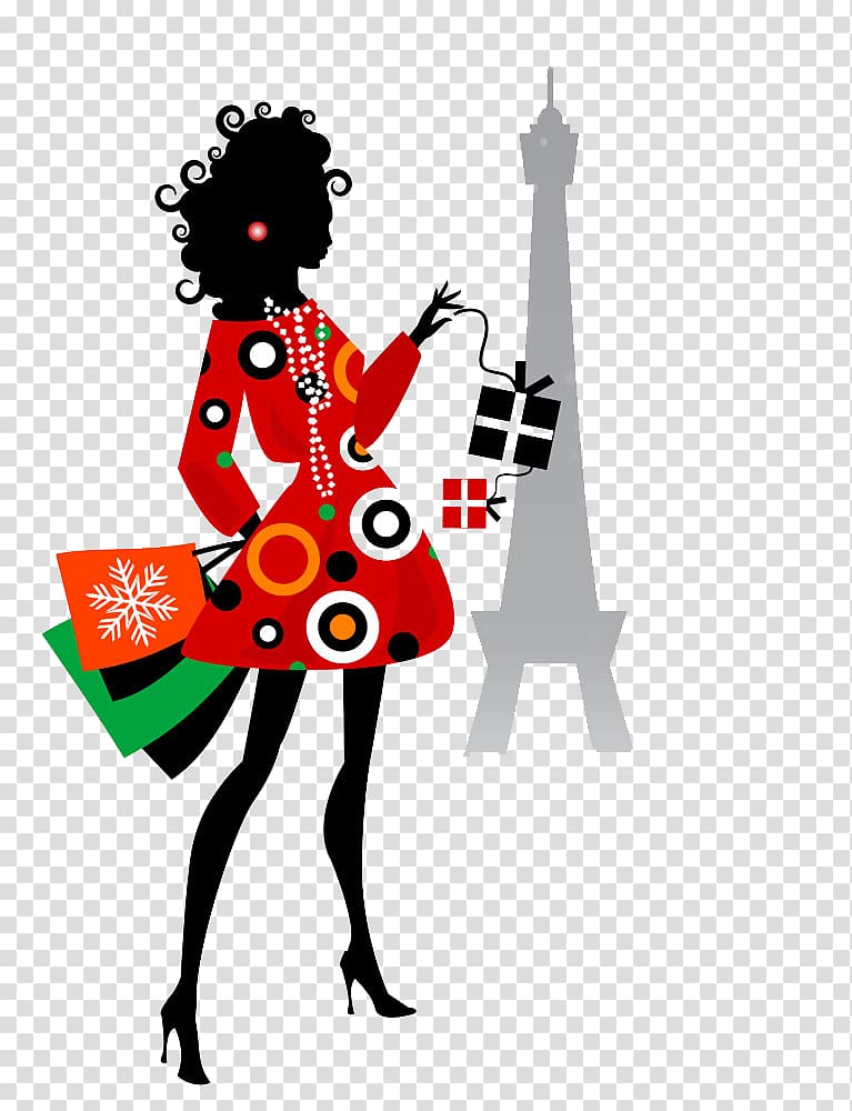 Eiffel Tower Cartoon Illustration, Silhouette of a woman with curly hair transparent background PNG clipart