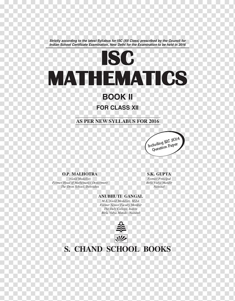 Document CBSE Exam 2018, class 12 Mathematics Book Paper S. Chand’s ISC Mathematics Class-XII, book transparent background PNG clipart