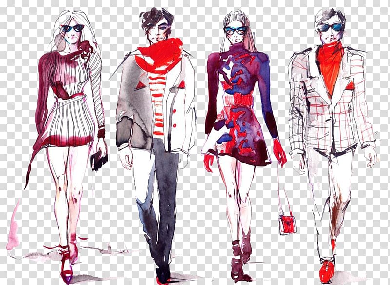 four women sketch illustration, Fast fashion Fashion show Model Fashion blog, Color ink men and women HD deduction material transparent background PNG clipart