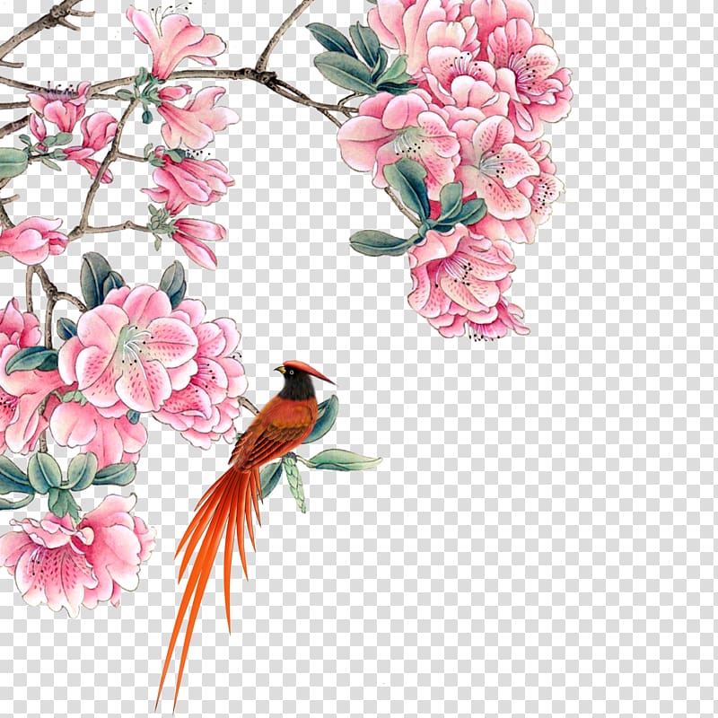 red bird on pink flowering tree , TIFF Ink wash painting, Birds and Flowers transparent background PNG clipart