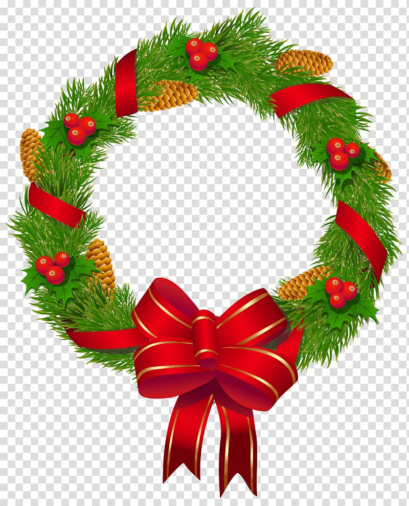 green, red, and yellow christmas wreath, Christmas decoration Christmas ornament Christmas tree, Christmas Pine Wreath with Red Bow transparent background PNG clipart