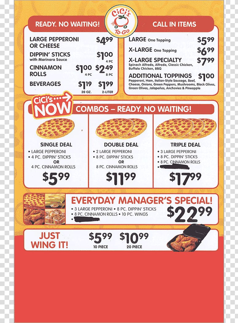 Buffet Fast food CiCi's Pizza Menu Cicis, pizza-menu transparent background PNG clipart