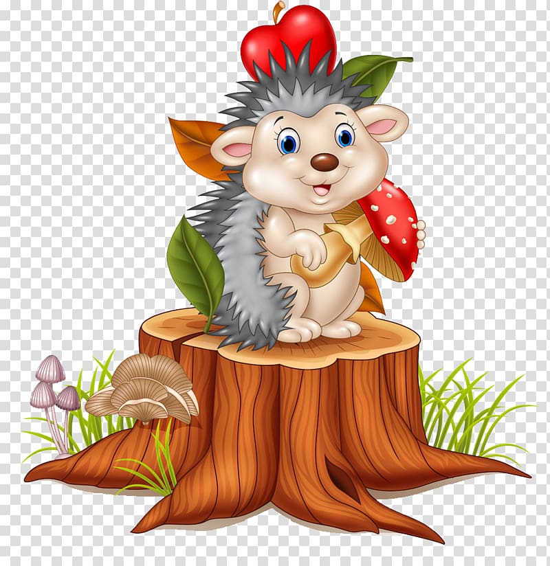 gray and brown hedgehog sitting on tree trunk while holding red mushroom illustration, Hedgehog on the stump transparent background PNG clipart