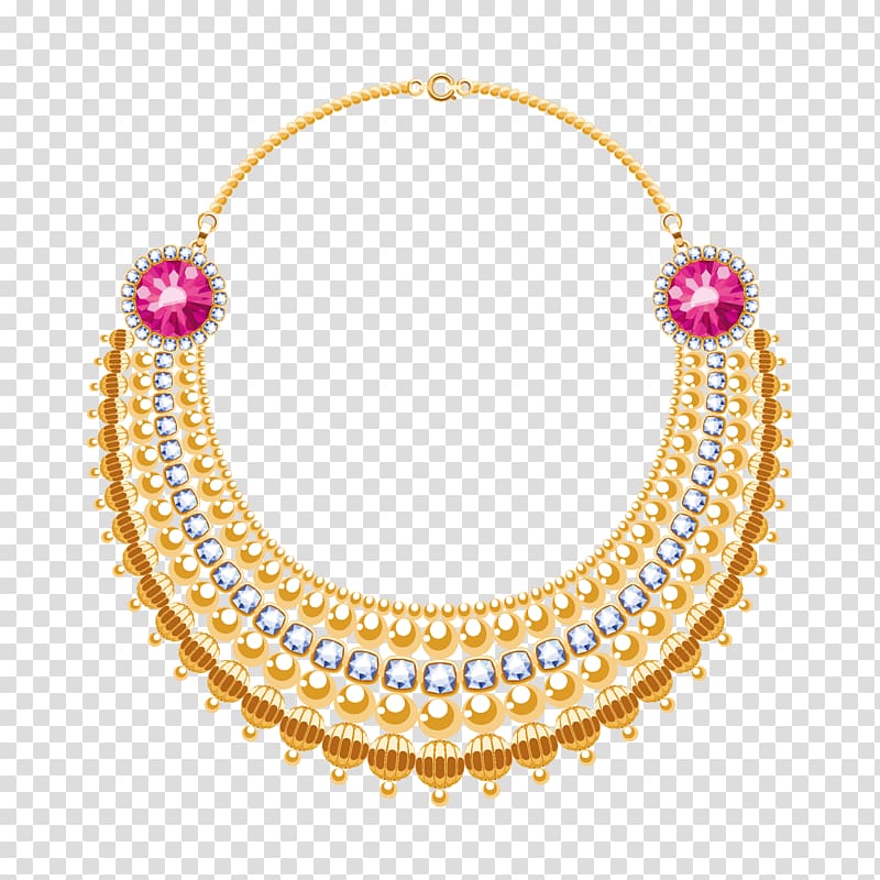 gold-colored clear and pink gemstone encrusted necklace art, Necklace Pearl Jewellery Gemstone, Luxury gold diamond necklace material transparent background PNG clipart