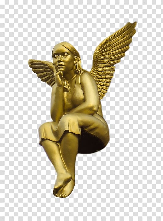gold angel figurine, Golden Angel Sitting transparent background PNG clipart