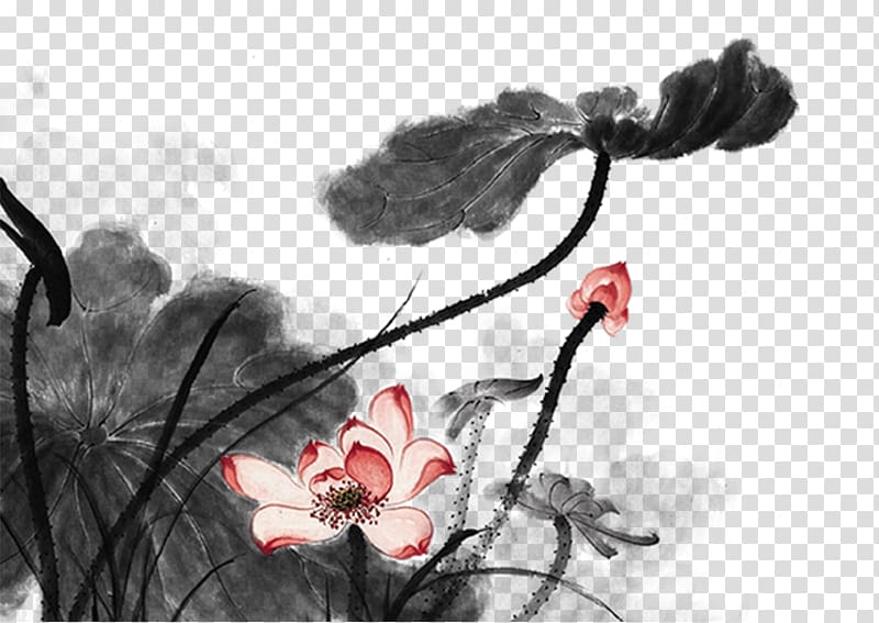 Ink wash painting Shan shui Chinoiserie, Lotus transparent background PNG clipart
