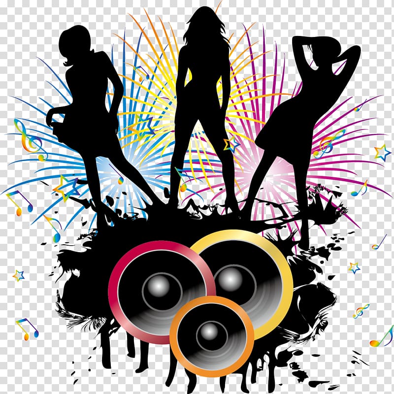 silhouette of woman and speaker illustration, Disc jockey Music, Disco figures silhouette material transparent background PNG clipart