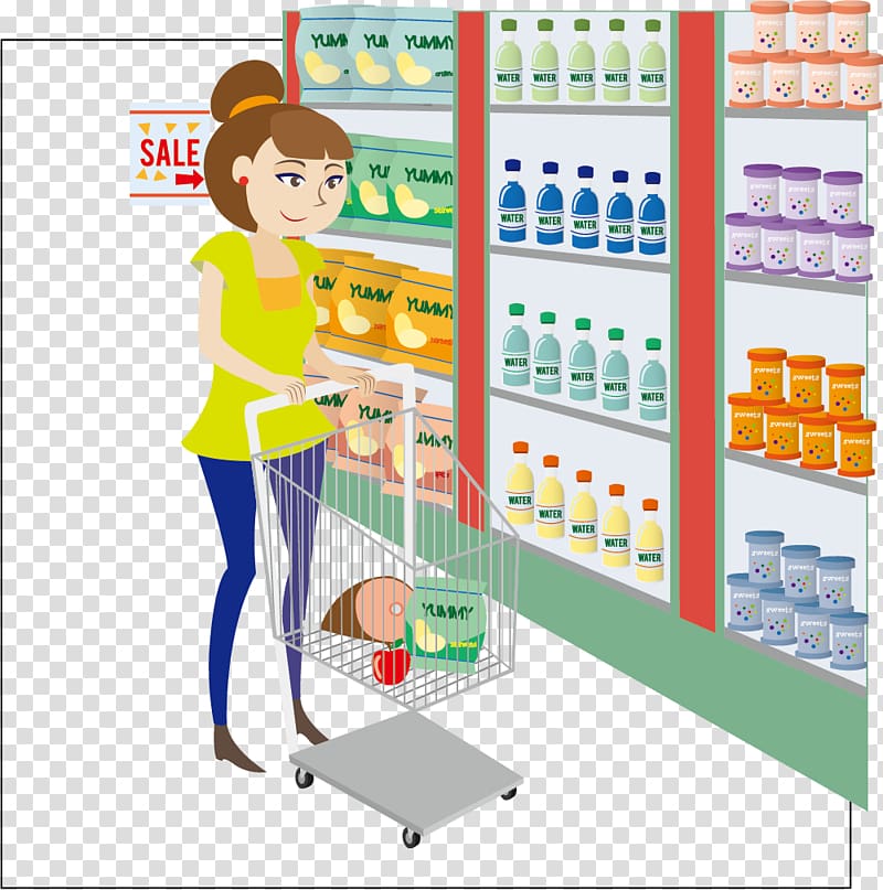 woman standing in front of grocery shelf holding shopping cart illustration, Supermarket Woman, Supermarket shopping woman transparent background PNG clipart