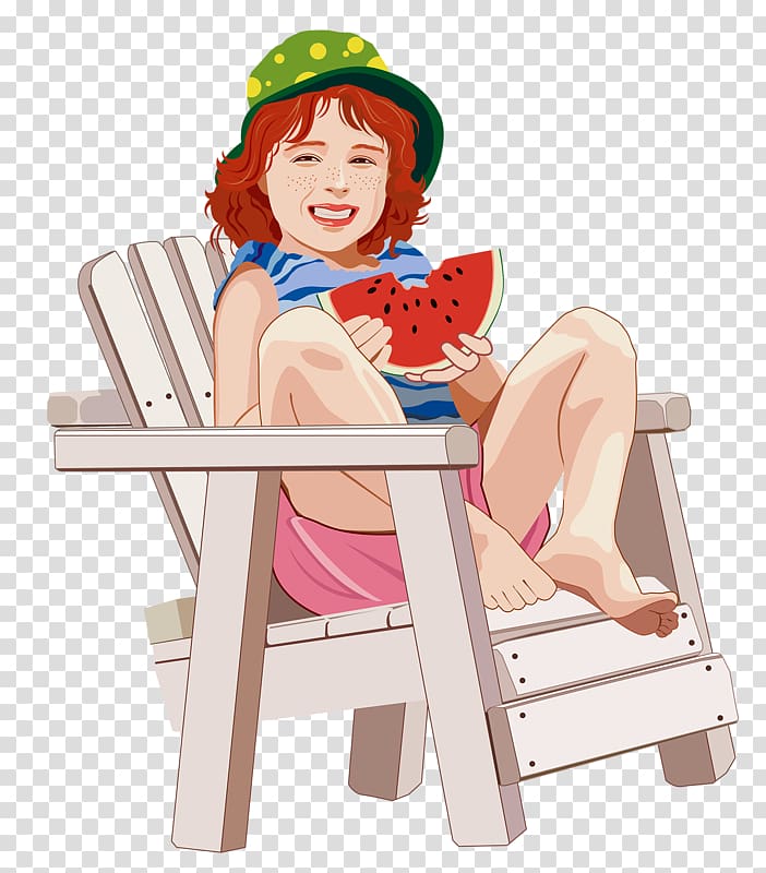 Cartoon Child Illustration, Girl eating watermelon transparent background PNG clipart