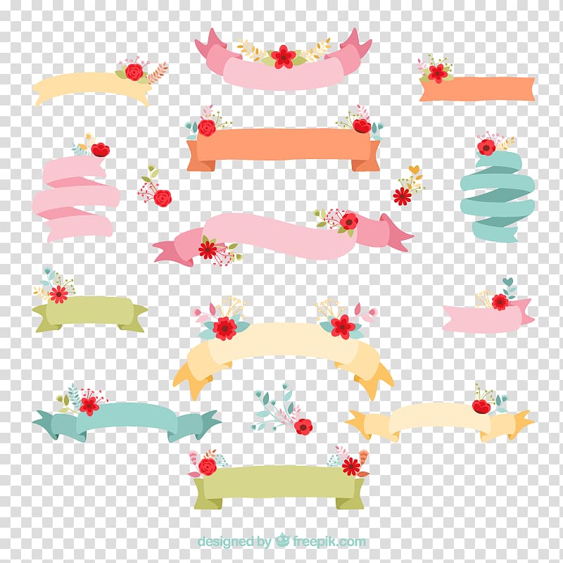 assorted-color ribbons illustration, Paper Wedding invitation Ribbon Banner, Cartoon floral decoration ribbon transparent background PNG clipart